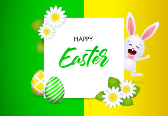 Happy Easter lettering in frame with rabbit, flowers and eggs. Easter greeting card. Handwritten text, calligraphy. For leaflets, brochures, invitations, posters or banners.