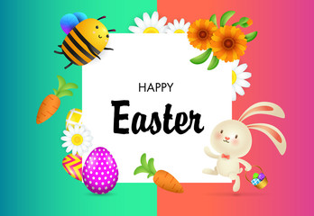 Happy Easter lettering with flowers, bee, bunny and eggs. Easter greeting card. Handwritten text, calligraphy. For leaflets, brochures, invitations, posters or banners.