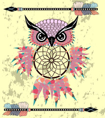 Indian decorative Dream Catcher owl in graphic style. illustration.