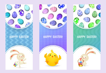 Happy Easter letterings set with bunnies, chick and eggs. Easter greeting cards set. Typed text, calligraphy. For leaflets, brochures, invitations, posters or banners.