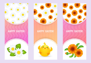 Happy Easter letterings set with chicken and flowers. Easter greeting cards set. Typed text, calligraphy. For leaflets, brochures, invitations, posters or banners.