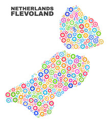 Mosaic technical Flevoland Province map isolated on a white background. Vector geographic abstraction in different colors. Mosaic of Flevoland Province map combined of random bright gear items.