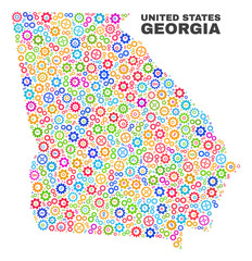 Mosaic technical Georgia State map isolated on a white background. Vector geographic abstraction in different colors. Mosaic of Georgia State map combined of scattered multi-colored gear elements.
