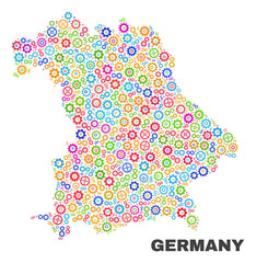 Mosaic technical Germany map isolated on a white background. Vector geographic abstraction in different colors. Mosaic of Germany map combined of random multi-colored cogwheel items.
