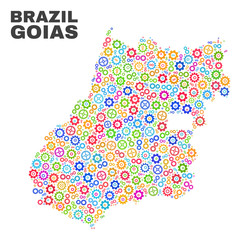 Mosaic technical Goias State map isolated on a white background. Vector geographic abstraction in different colors. Mosaic of Goias State map combined of scattered multi-colored gear items.