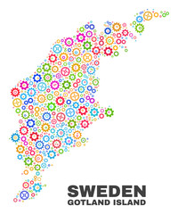 Mosaic technical Gotland Island map isolated on a white background. Vector geographic abstraction in different colors. Mosaic of Gotland Island map designed from random multi-colored gear elements.