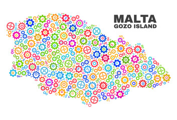 Mosaic technical Gozo Island map isolated on a white background. Vector geographic abstraction in different colors. Mosaic of Gozo Island map combined of random multi-colored wheel items.
