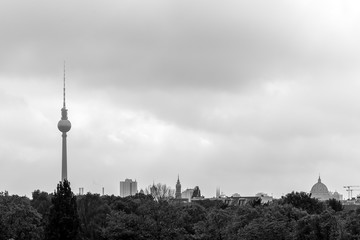 Black and white cityscape photo of Berlin