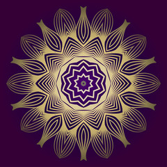 Pattern Of Mandala. Vector Illustration. Modern Decorative Floral Color Mandala. Decorative Cicle Ornament. Floral Design. Purple gold color