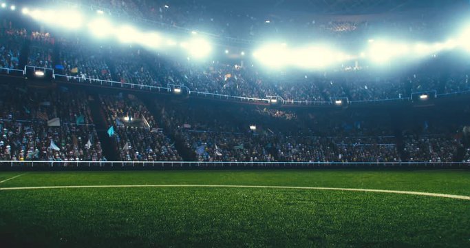 Full 3d modelled and animated soccer stadium with moving flags, people and lights