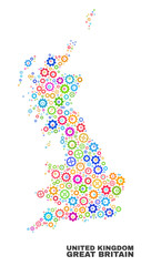 Mosaic technical Great Britain map isolated on a white background. Vector geographic abstraction in different colors. Mosaic of Great Britain map combined of random multi-colored cogwheel elements.