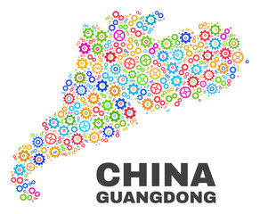 Mosaic technical Guangdong Province map isolated on a white background. Vector geographic abstraction in different colors. Mosaic of Guangdong Province map combined of random colorful cogwheel items.