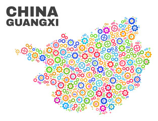 Mosaic technical Guangxi Province map isolated on a white background. Vector geographic abstraction in different colors.
