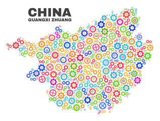Mosaic technical Guangxi Zhuang Region map isolated on a white background. Vector geographic abstraction in different colors.