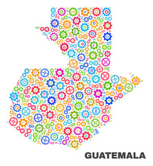 Mosaic technical Guatemala map isolated on a white background. Vector geographic abstraction in different colors. Mosaic of Guatemala map combined of scattered multi-colored cogwheel items.