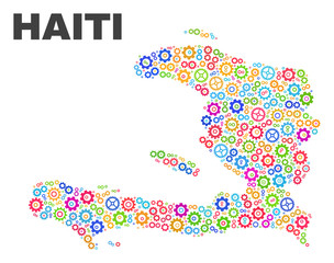 Mosaic technical Haiti map isolated on a white background. Vector geographic abstraction in different colors. Mosaic of Haiti map composed from random multi-colored gear items.