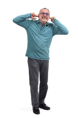 man making noise hurting her ears on white background