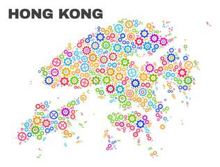 Mosaic technical Hong Kong map isolated on a white background. Vector geographic abstraction in different colors. Mosaic of Hong Kong map combined of scattered colorful gearwheel items.