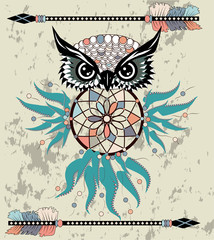 Indian decorative Dream Catcher owl in graphic style. illustration.