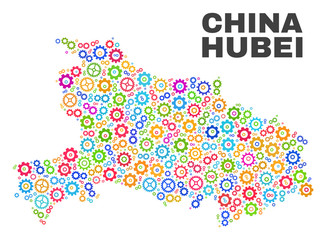 Mosaic technical Hubei Province map isolated on a white background. Vector geographic abstraction in different colors. Mosaic of Hubei Province map combined of scattered bright wheel elements.