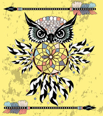Dreamcatcher with owl. Zentangle. Abstract bird. Mystic symbol. American Indians symbol. for spiritual relaxation for adults. Decorative