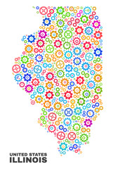 Mosaic technical Illinois State map isolated on a white background. Vector geographic abstraction in different colors. Mosaic of Illinois State map combined of random multi-colored cogwheel elements.