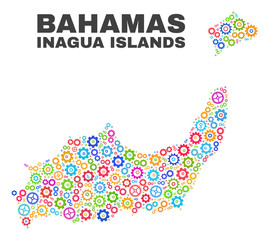 Mosaic technical Inagua Islands map isolated on a white background. Vector geographic abstraction in different colors. Mosaic of Inagua Islands map designed from random bright gearwheel items.