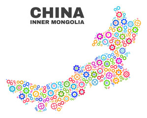 Mosaic technical Inner Mongolia map isolated on a white background. Vector geographic abstraction in different colors. Mosaic of Inner Mongolia map combined of random multi-colored gearwheel elements.
