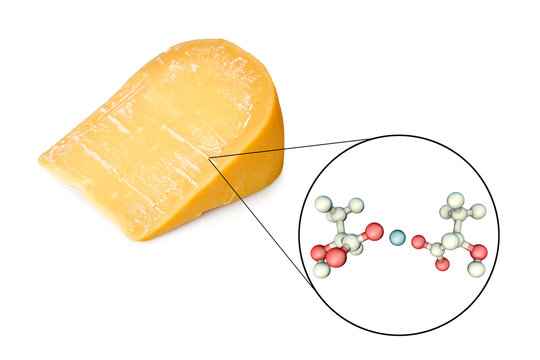 Calcium Lactate Crystals On Cheese Surface, Photo And 3D Illustration With Close-up View Of Ca Lactate Molecule