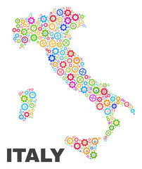 Mosaic technical Italy map isolated on a white background. Vector geographic abstraction in different colors. Mosaic of Italy map combined of scattered colorful cogwheel items.