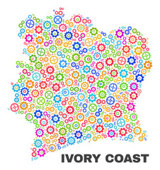 Mosaic technical Ivory Coast map isolated on a white background. Vector geographic abstraction in different colors. Mosaic of Ivory Coast map designed from random multi-colored gearwheel elements.