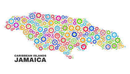 Mosaic technical Jamaica map isolated on a white background. Vector geographic abstraction in different colors. Mosaic of Jamaica map composed from scattered bright gear elements.