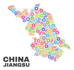 Mosaic technical Jiangsu Province map isolated on a white background. Vector geographic abstraction in different colors. Mosaic of Jiangsu Province map combined of scattered bright cogwheel items.