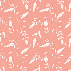 Delicate hand drawn cream leaves with ornamental swirls. Seamless vector pattern on salmon pink background. Great for wellbeing, gardening, organic, beauty, spa products, fabric, giftwrap, stationery