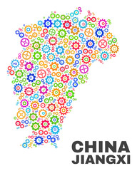 Mosaic technical Jiangxi Province map isolated on a white background. Vector geographic abstraction in different colors.