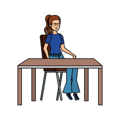 young woman sitting in chair and table