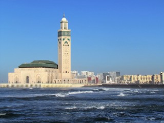 Details and peculiar angles of the Beautiful Mosque Hassan II during sunset. The Mosque in Casablanca is the third largest one in the world