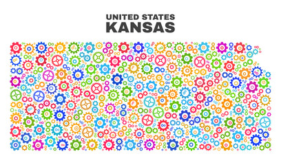 Mosaic technical Kansas State map isolated on a white background. Vector geographic abstraction in different colors. Mosaic of Kansas State map combined of random bright cogwheel elements.