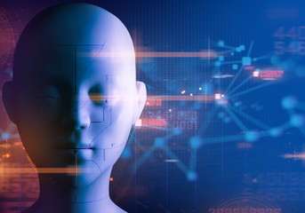 background 3d bionic electric face illustration, digital technology light internet network, robot futuristic ai