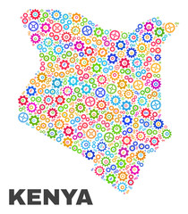 Mosaic technical Kenya map isolated on a white background. Vector geographic abstraction in different colors. Mosaic of Kenya map combined of scattered multi-colored wheel items.