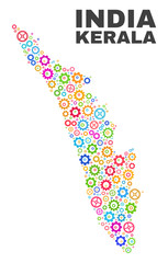 Mosaic technical Kerala State map isolated on a white background. Vector geographic abstraction in different colors. Mosaic of Kerala State map combined of scattered bright wheel items.