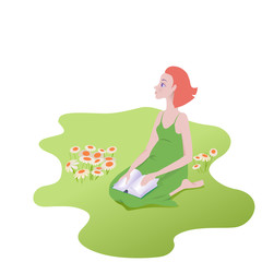 Obraz na płótnie Canvas Young pretty girl dreams with a book in her hands sitting on a glade with daisies. Vector illustration. Cartoon character flat design