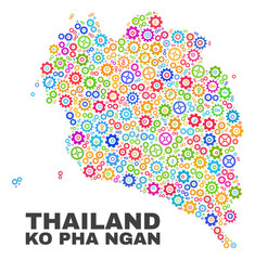 Mosaic technical Ko Pha Ngan map isolated on a white background. Vector geographic abstraction in different colors. Mosaic of Ko Pha Ngan map combined of random multi-colored cog items.