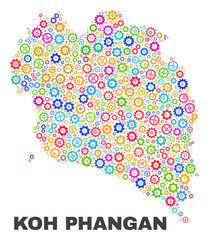 Mosaic technical Koh Phangan map isolated on a white background. Vector geographic abstraction in different colors. Mosaic of Koh Phangan map composed from scattered multi-colored wheel items.