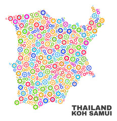 Mosaic technical Koh Samui map isolated on a white background. Vector geographic abstraction in different colors. Mosaic of Koh Samui map designed from scattered multi-colored gear items.