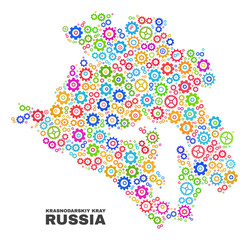 Mosaic technical Krasnodarskiy Kray map isolated on a white background. Vector geographic abstraction in different colors. Mosaic of Krasnodarskiy Kray map combined of random multi-colored gear items.