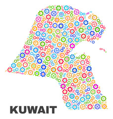 Mosaic technical Kuwait map isolated on a white background. Vector geographic abstraction in different colors. Mosaic of Kuwait map combined of scattered bright wheel items.