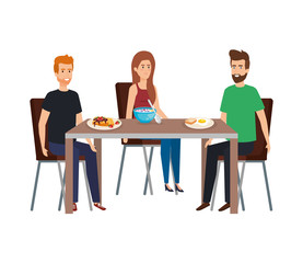 young people eating in table characters