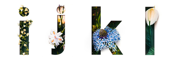 Flower font letter i, j, k, l Create with real alive flowers and Precious paper cut shape of alphabet. Collection of brilliant bloom flora font for your unique text, typography with many concept ideas