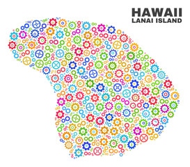 Mosaic technical Lanai Island map isolated on a white background. Vector geographic abstraction in different colors. Mosaic of Lanai Island map combined of random multi-colored gear items.